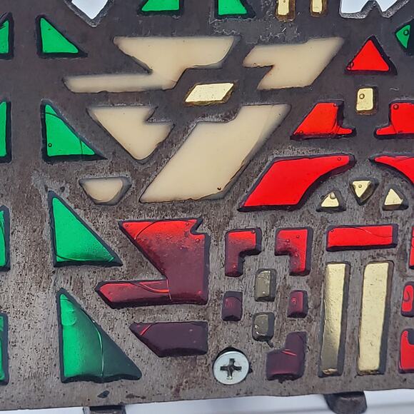 VTG Cast Iron Stained Glass Tea Light Holder Church Trees Taiwan Holiday Cozy - Picture 6 of 10